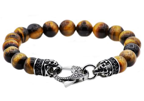 Mens Genuine Tiger Eye Stainless Steel Beaded Bracelet With Black Cubi