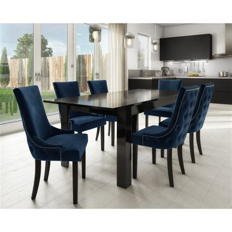 Grade A1 Pair Of Navy Blue Velvet Dining Chairs With Buttoned Back