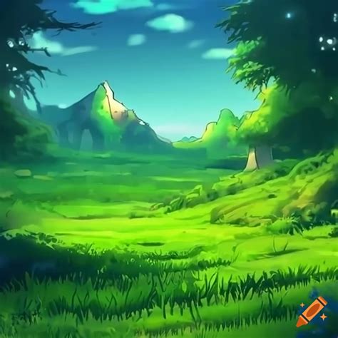 Anime Style Landscape With Green Fields