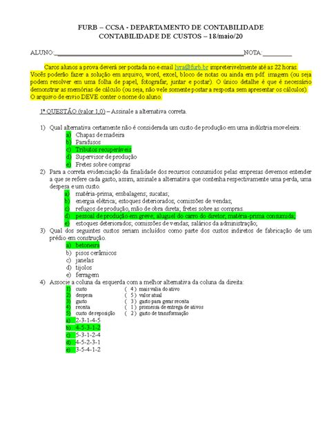 Prova contabilidade de custos - FURB – CCSA - DEPARTAMENTO DE