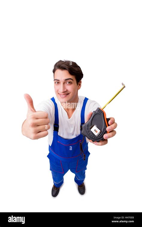 Man With Tape Measure Isolated On White Stock Photo Alamy