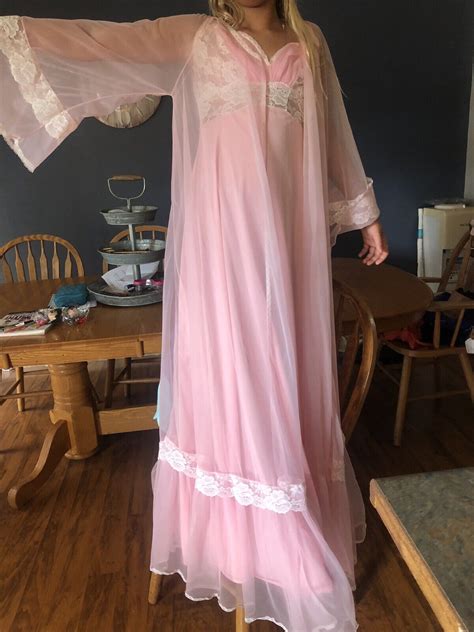 Vintage 50s Pink Sheer Long Nightgown Nylon Chiffon N… Gem