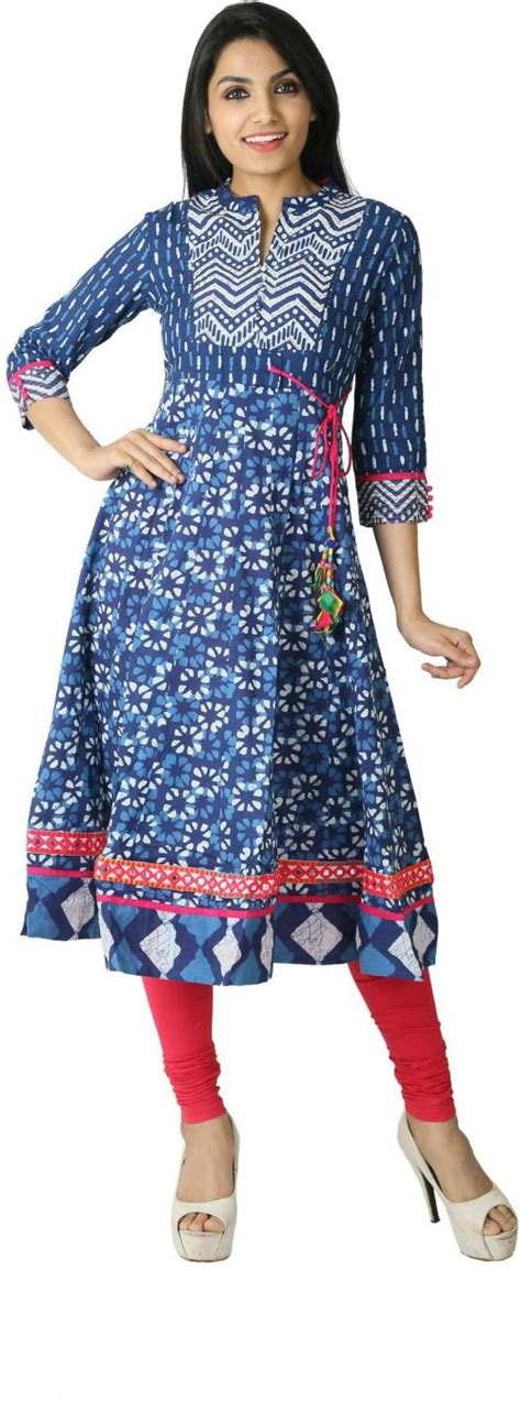 Buy Span Women Blue Embroidered Cotton Blend Anarkali Kurta Online At