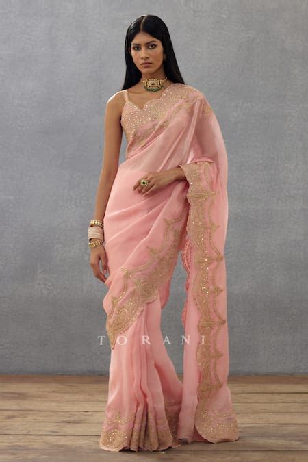 Buy Pink Silk Organza Embroidery Dori Gul Mohar Idika Border Saree For