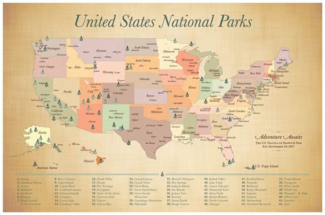 62 US National Parks Map with pins. Personalized Parks Map hiking gift