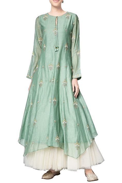 Buy Anita Dongre Sage Green Chanderi Mullmull Embroidered Anishka Tunic