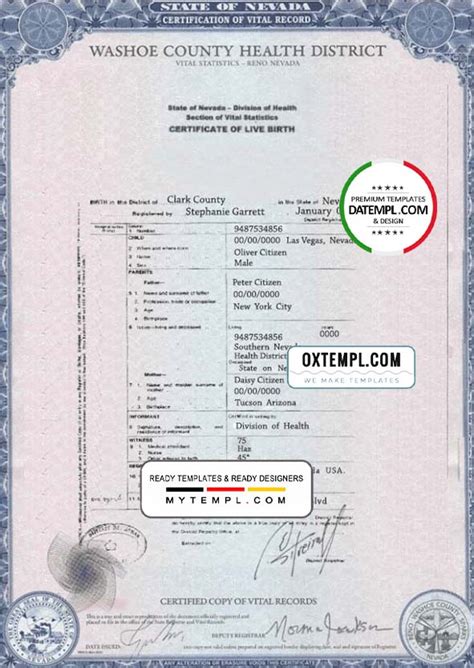 USA Nevada State Birth Certificate Template In PSD Format Fully