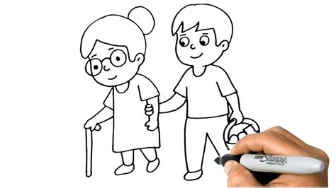 How to DRAW a BOY Helping Grandma Easy Step by Step - YouTube