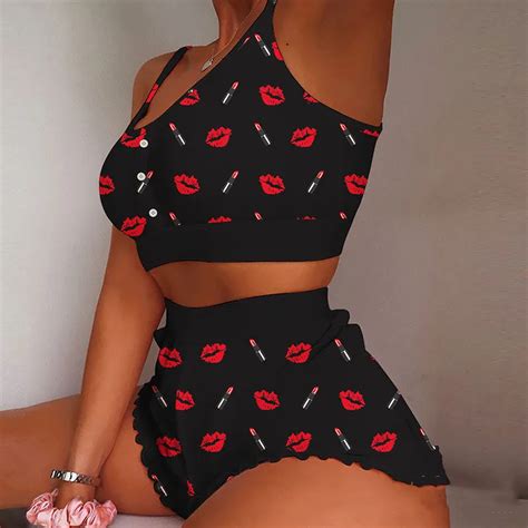 Valentines Day Printed Ruffle Sexy Lingerie Piece Pyjama Set Woman
