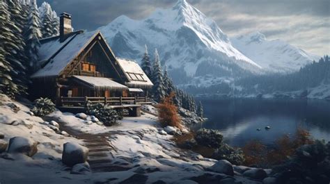 Premium Photo | A cabin on a snowy mountain