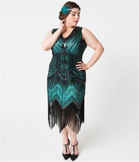 Unique Vintage Plus Size 1920s Deco Teal And Black Veronique Fringe Flapper Dress Plus Size