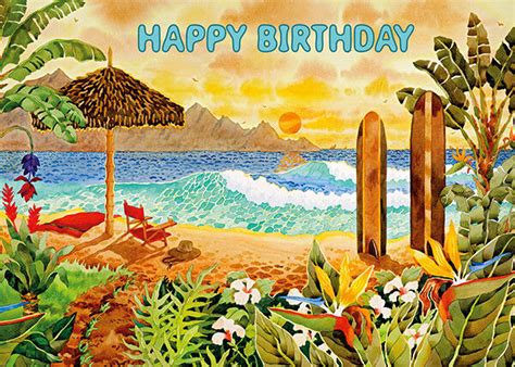 4 Greeting Cards Hawaiian Happy Birthday Surfing The Islands By Robin