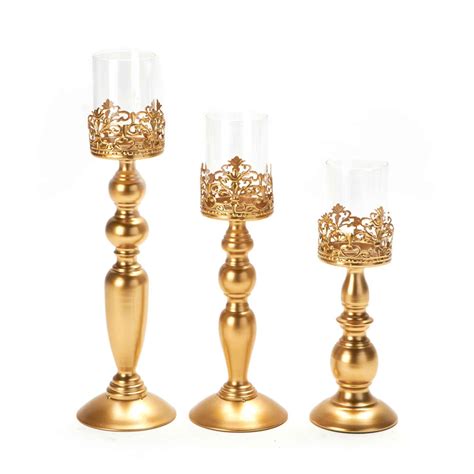 Set Of 3 Metal Candle Holders Gold Candle Holders Pedestal Candle