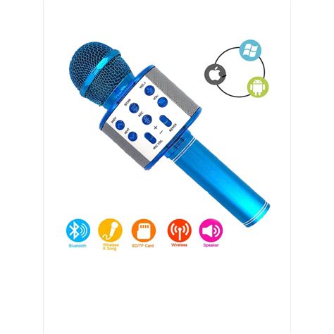 Караоке микрофон с Bluetooth и вграден високоговорител, син - eMAG.bg
