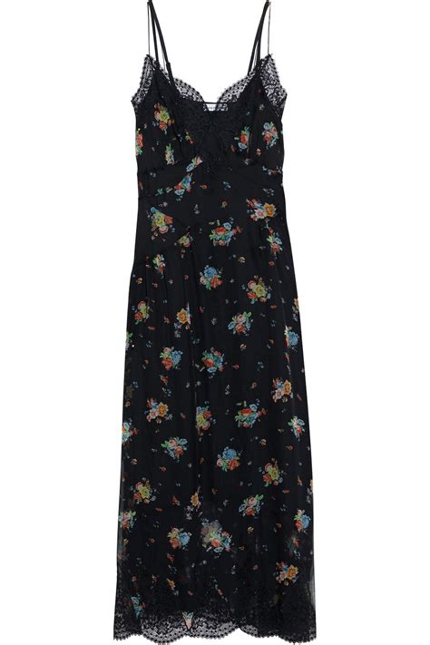 Paco Rabanne Woman Lace Trimmed Floral Print Silk Chiffon Maxi Slip