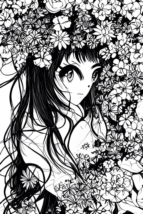 Anime Girl Pretty Flowers Birthday Black and White Line Art · Creative ...