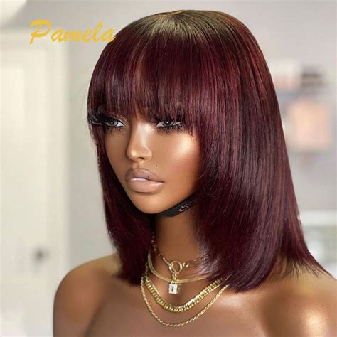 Burgundy Pixie Cut Short Bob With Bangs Brazilian 99j Straight Bob With