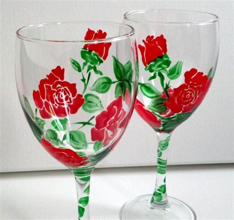 Hand Painted Red Rose Wine Glasses Set Of 2 Color Variations Available With Images Hand