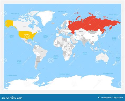 united states  russia highlighted  political map  world vector