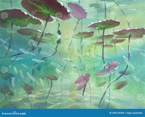 Small Fish and Leaves Underwater Watercolor Background Stock Photo ...