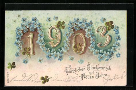 AK Blaue Blüten rahmen Jahreszahl 1903 ein Herzlichen Glückwunsch