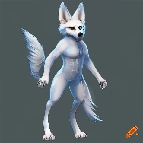 Anthropomorphic White Wolf With Fennec Fox Ears And Blue Eyes In