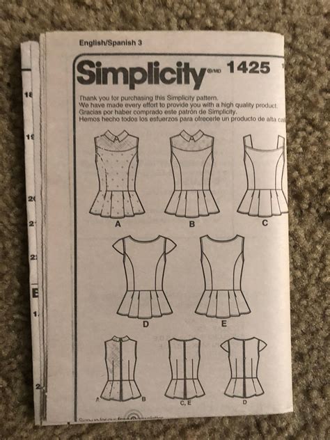 Simplicity 1425 Misses Peplum Tops With Neckline Variations Sz 4 6 8 10