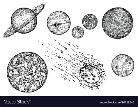 Sketch planet icon set ink hand drawn Royalty Free Vector