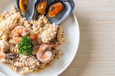 Spiral Pasta Mushroom Cream Sauce With Seafood Italian Food Style