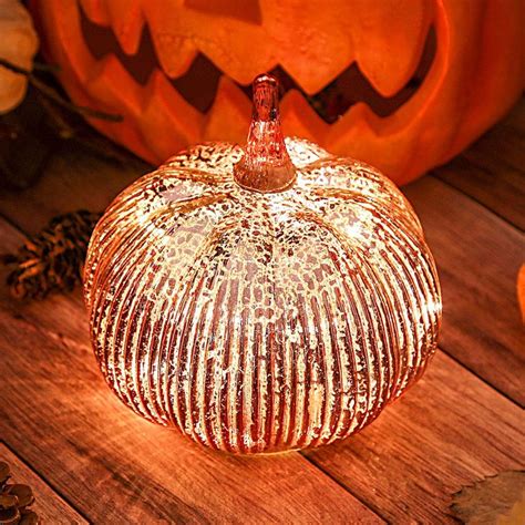 Hvfun Rosegold Thanksgiving Decorative Artificial Pumpkins Mercury Glass Light Up Pumpkin With