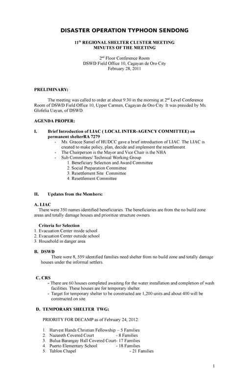 Meeting Minutes Cayagan De Oro 120228 DISASTER OPERATION TYPHOON