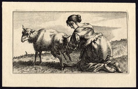 Antique Print Milking Sheep Farm Girl Peasant C Art