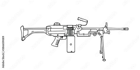 Hand Drawn Machine Gun M249 Saw Vector Outline Illustration Stock