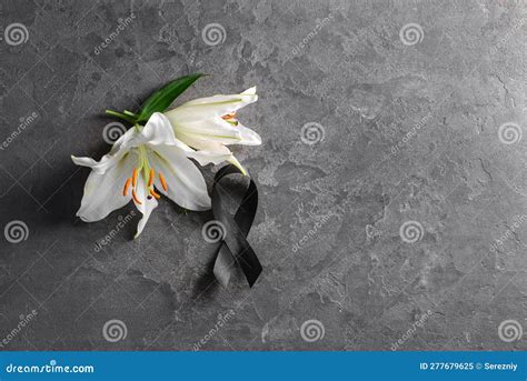 Black Funeral Ribbon and Flowers on Grey Background Stock Image - Image ...