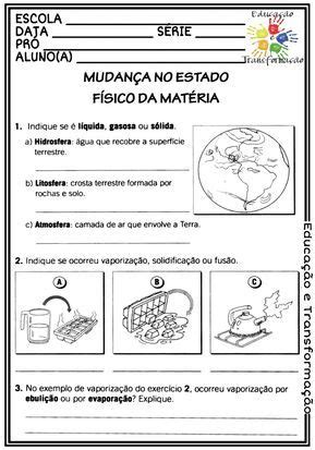 Ciências matéria Atividade sobre matéria e os seus estados físicos