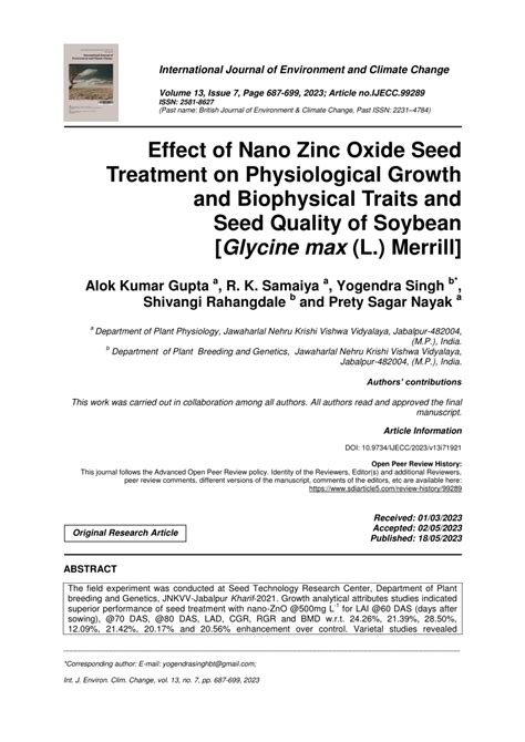 PDF Effect Of Nano Zinc Oxide Seed Treatment On Physiological Growth