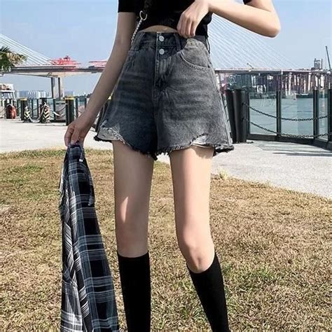 V Tements Lingerie Short En Denim Pour Femme Taille Haute Style Cor En Chic Confortable