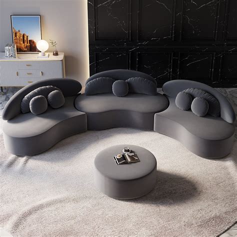 146" 4-Piece Curved Velvet Sectional Sofa with Ottoman & Pillows | Homary