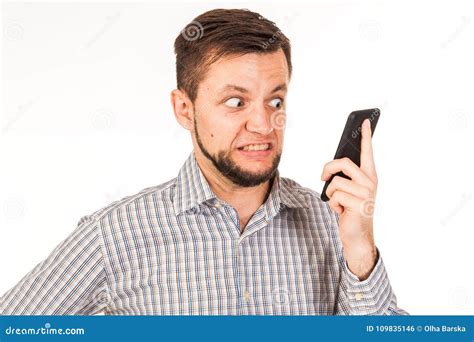 The Bearded Man Is Talking On The Phone Posing With Different Emotions