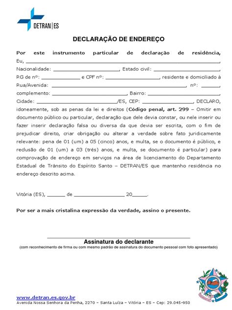 Declaração de Endereço para Detran ES | PDF