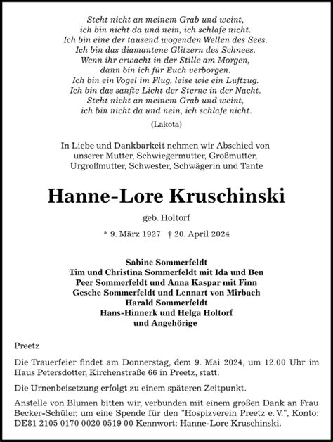 Traueranzeigen Von Hanne Lore Kruschinski Trauer Anzeigen De