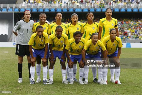 The Brazil women's soccer team poses prior to the women's gold medal ...