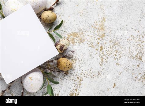 Beautiful Easter Composition With Blank Card Eggs Pussy Willow Branches And Eucalyptus On