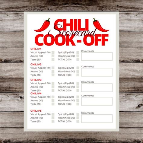 The Chili Cook Off Printable Is Displayed On A Wooden Table With Wood