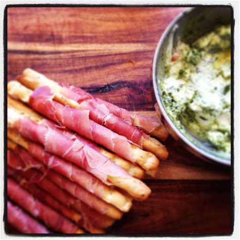 Prosciutto Wrapped Grissini W Basil Pesto And Cream Cheese Dip X Pesto Cream Cheese Dip