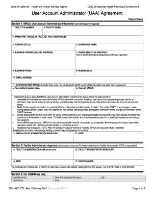 Fillable Online MIRCal User Account Administrator Agreement UAA Form