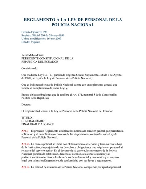 REGLAMENTO A LA LEY DE PERSONAL DE LA POLICIA NACIONAL