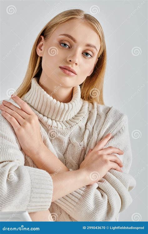Alluring Blonde Woman In White Warm Stock Photo Image Of Lifestyle Socks