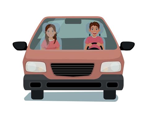 Happy young man and woman in a car on trip front view cartoon ...