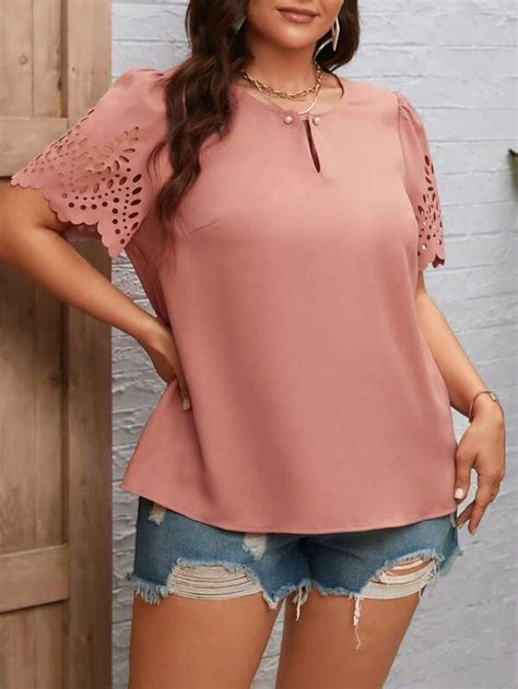 SHEIN LUNE Plus Laser Cut Out Puff Sleeve Blouse SHEIN USA